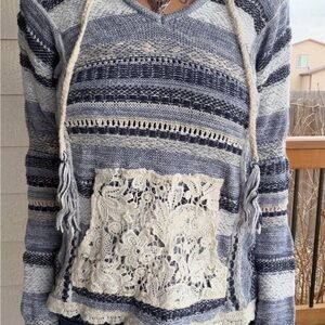 American Rag Blue and Cream Striped Sweater with Lace Detail
